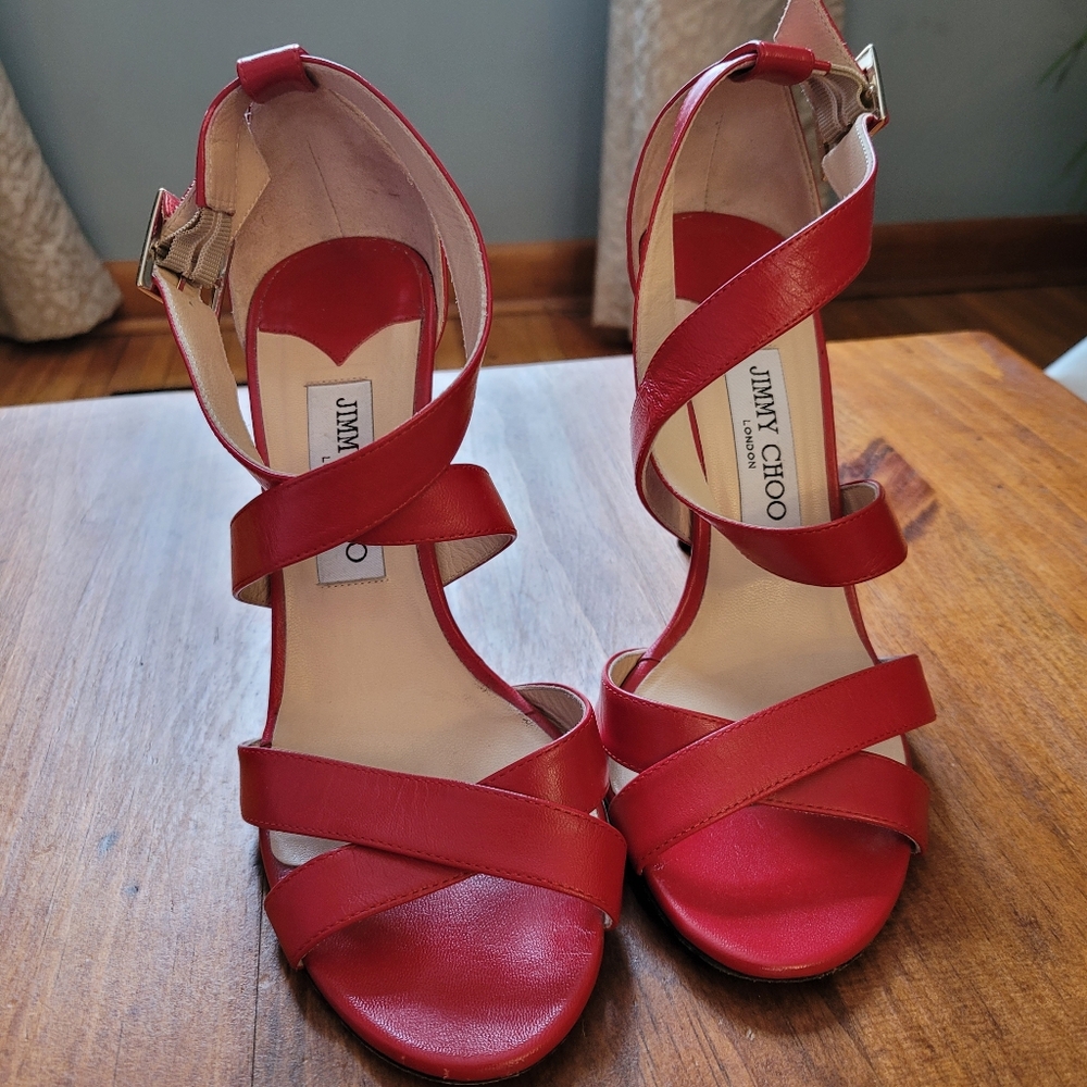 Jimmy Choo Red Leather Lottie Sandal Heels Size 38.5 Or US 8 - Picture 2 of 11